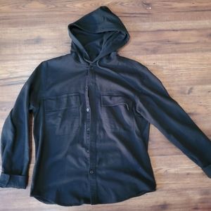 Black button up jacket/sweater with hood and 2 pockets.